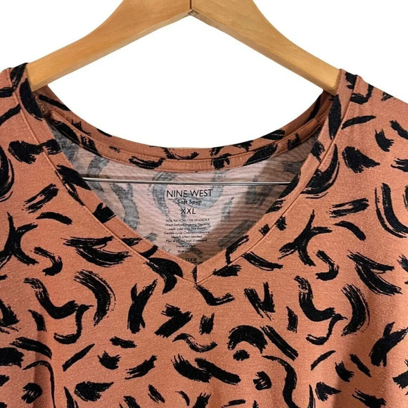 Nine West Abstract V Neck T Shirt Plus XXL Soft Spun Light Brown Black Stretch - Picture 4 of 6